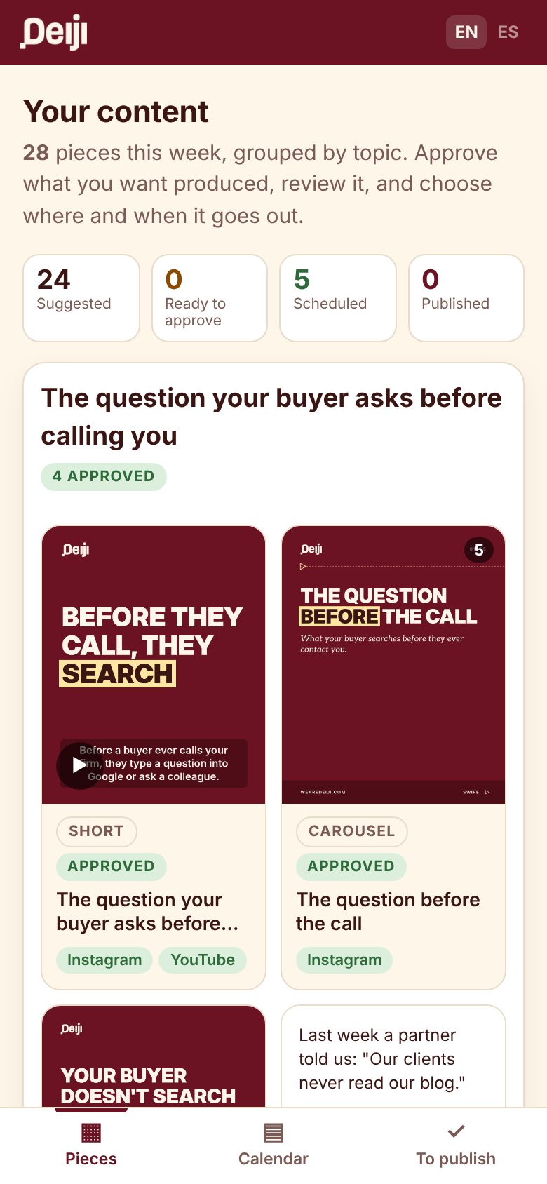 Deiji's Content Stream dashboard on a phone: the week's pieces grouped by topic