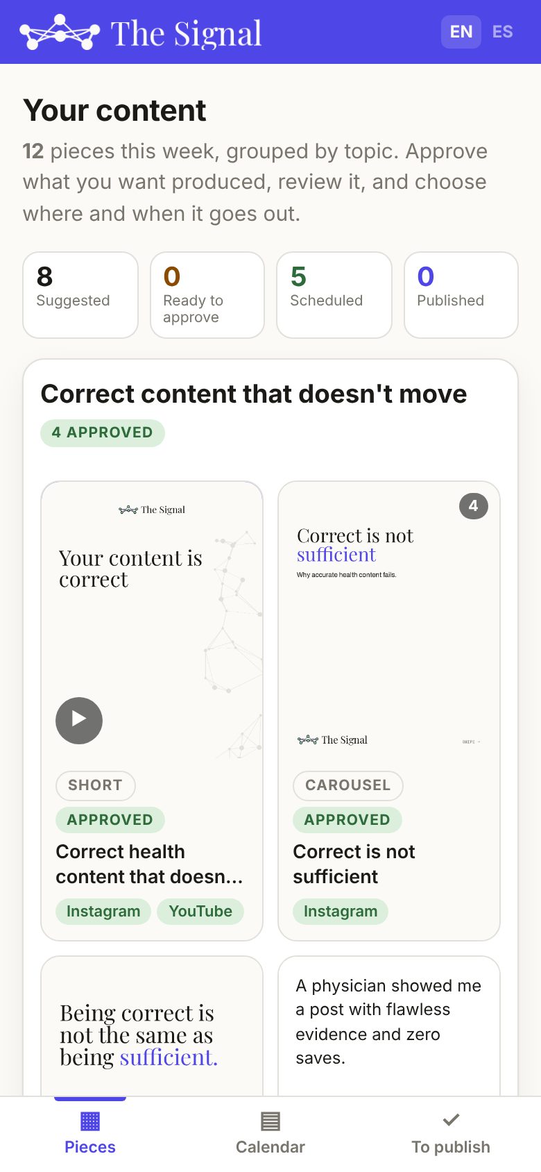 The Signal's Content Stream dashboard on a phone: approved short videos and carousels